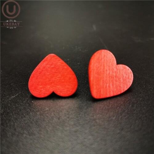 UKEBAY New Heart Earrings Women Stud Earrings Red Wood Jewelry Bohemia Style Cute Valentines Day Gift Girl Friend Stud Earring