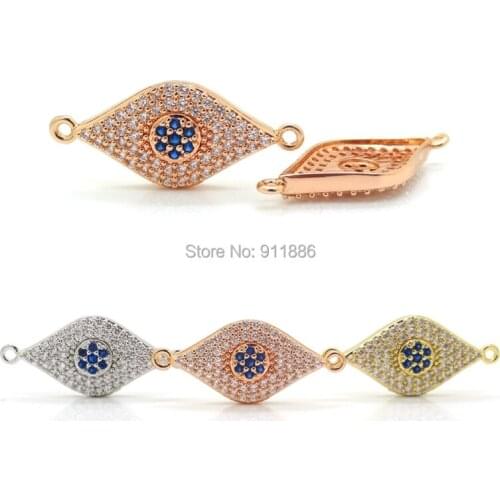 Gold Color Fatima Hand Evil Eye Connector Micro Pave Blue Cubic Zirconia Evil Eye Bead For Fashion Necklace Bracelet DIY