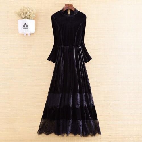 High-end spring Velvet Stitching Lace Muslim Dress Ethnic Style Retro Elegant Slim O-neck Long Sleeve Party Dress S-XL
