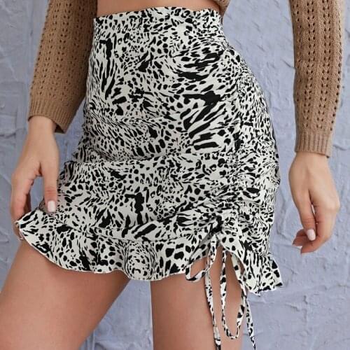 Summer Women Fashion High Waist Leopard Skirt Elegant Stylish Ruffle Drawstring Skirt Clothes for Ladies Female Party 2021 New