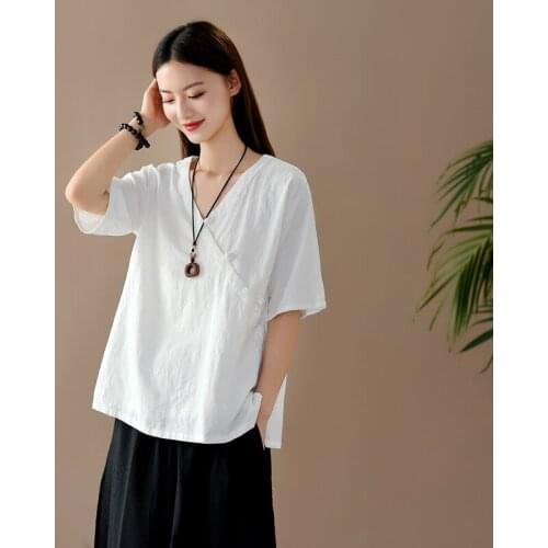 Shanghai Story Half Sleeve Womens Linen Cotton Retro Chinese Frog Button Tops Blouse