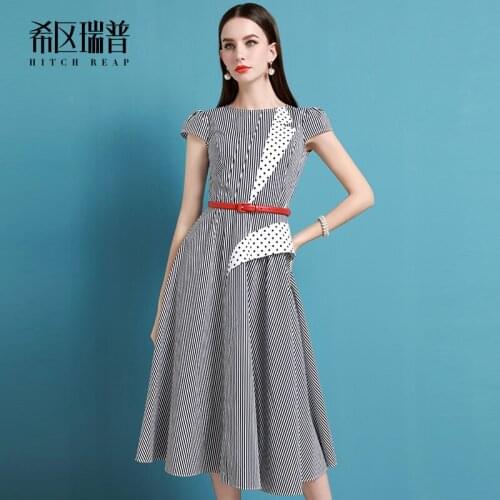 High End Designer Stripe Dot Dress Women Cotton Hemp Waist Show Thin Temperament Long Skirt 2021 Summer