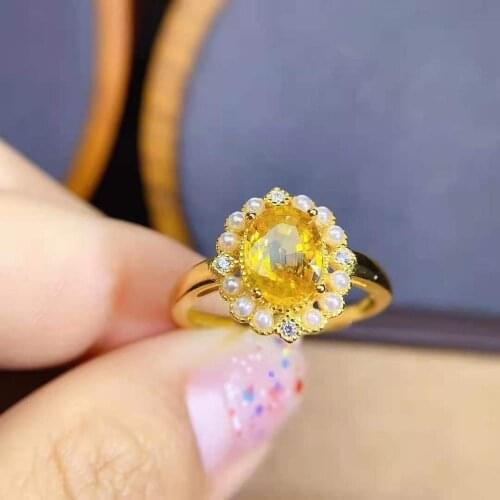 Natural Yellow Sapphire S925 Sterling Silver New Pearl Ring Fine Fashion Wedding Jewelry for Women Free Shipping MeibaPJFS