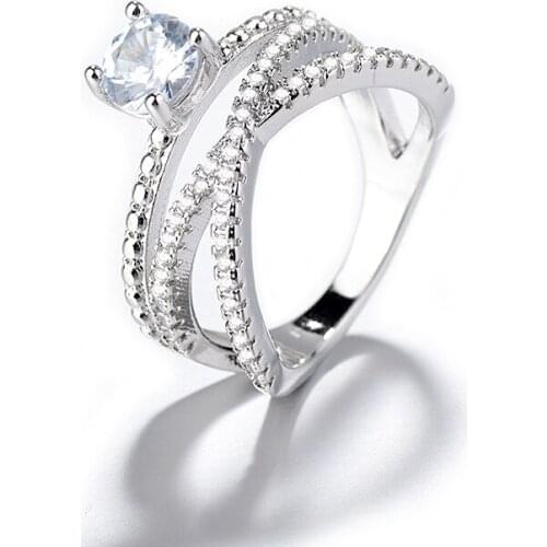 UFOORO Fashion Sivler Hearts and Arrows Zircon Crystal Ring Double Wrap Engagement Cross Ring For Women Wedding Gifts