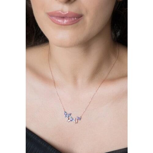 Womens Butterfly Pattern Rose Plated 925 Sterling Silver Necklace
