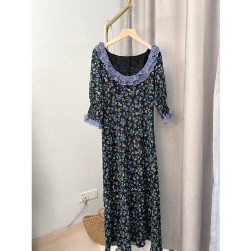 2021 New Summer Dress for Women Floral Midi Dress Frill Trim Slim Ladies Retro Square Collar Half Sleeve Long Robe Mid Calf