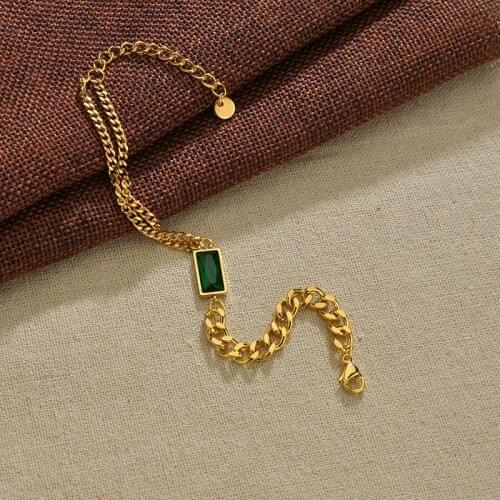 2021 New Stainless Steel Gold Thick Chain Bracelets For Women Geometric Green Crystal Stone Bracelets & Bangles Jewelry