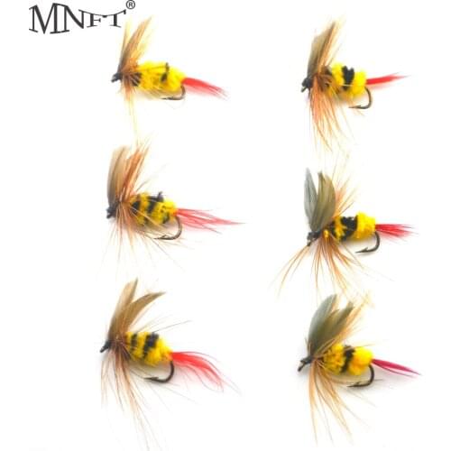 MNFT 6PCS Yellow and Black Bumble Bee Fly Insect Artificial Fishing Bait Dry Fly for Trout Fishing 10