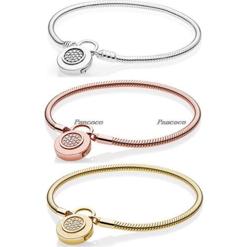Authentic 925 Sterling Silver Bracelet Gold Color Logo Signature Padlock Smooth Snake Bangle Fit Bead Charm Diy Pandora Jewelry