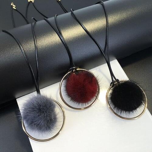 Gothletic 5CM Real Mink Fur Ball Pom Pom Necklace Gold-color Circle Pendant Black Leather Thong Long Necklace Womens Jewelry
