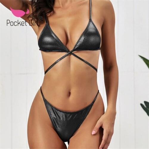 Pocket Girl 2020 Sexy Thong Bikini Set Gold Swimsuit Female High Cut Swimwear Summer Bathers String Biquini Bathing Suit Women