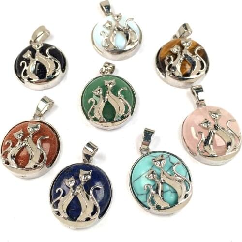 Natural Stones Round Flat Beads Pendant Cute Kitten Plated Pendants For Jewelry Making DIY Reiki Necklaces Accessories
