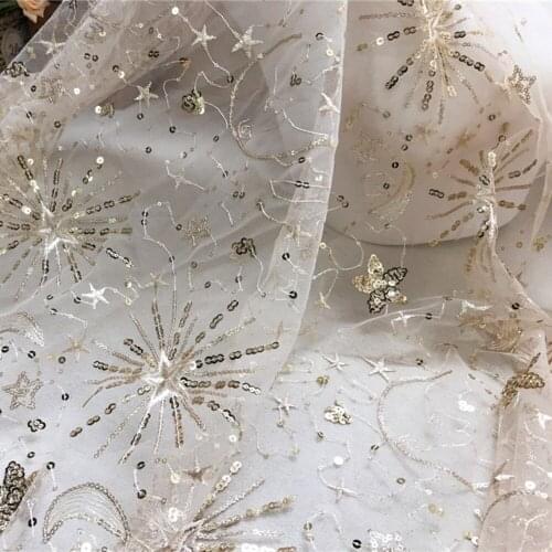 1 Yard Gold Sequin Mesh Fabric Stars Embroidery Fabric for Dress Wedding Lace Decoration Custom DIY Lace Fabric 130cm Width