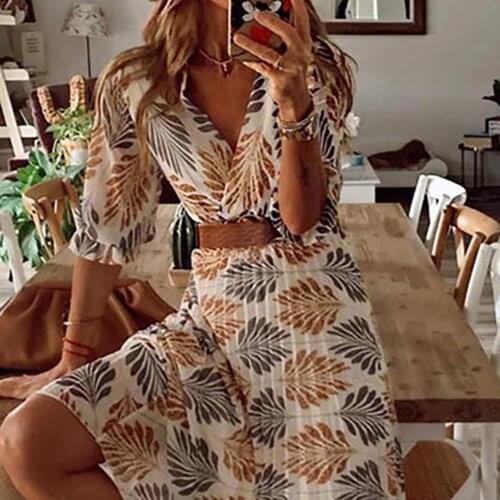 Summer Beach Women Casual Bohemian Short Sleeve Loose High Waist Print Dress Bohemian Style,Printing,Pleated Design,Belt Include
