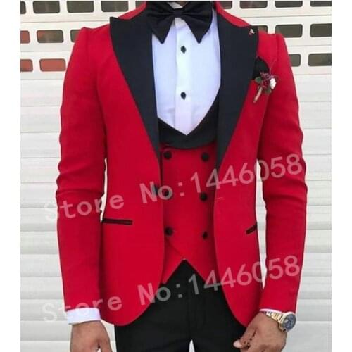 Mens Suits With Pants Formal Tuxedo 2019 Custom Made Red 3 Piece Suit Men Peaked Lapel Slim Fit Men Suit Ternos Masculino