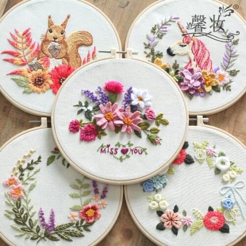 DIY Stamped Embroidery Starter Kit with Flowers Plants Pattern Cloth Color Threads Tools