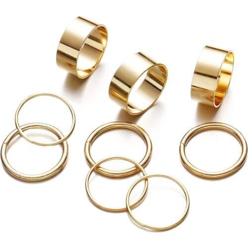 9 Pcs/Set Simple Design Round Gold Color Rings Set For Women Handmade Geometry Finger Ring Set Female Jewelry