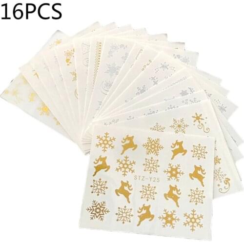 16 Sheets Christmas Snowflake Deer Nail Art Stickers Shiny Water Transfer Decals