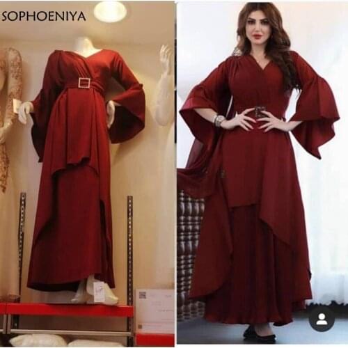 New Arrival V Neck Long sleeve evening dresses 2021 Saudi Arabia Dubai Muslim Burgundy beach dress women party night