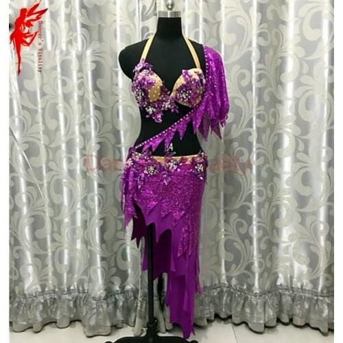 New belly dance clothes Performance clothing purple crystal bra top and short skirt 2pcs girls dance suit lady latin dance suit