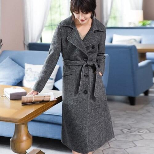 2020 Autumn Winter Women Wool Coat Long Double-sided Wool Blend Female Jacket With Belt Woolens Overcoat 38080 WYQ1803