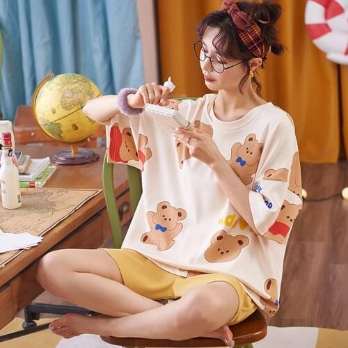 For Women 2021 Cotton Loose Leisure Short Sleeve Top Shorts Female Sleepwear Home Wear Clothes Summer New Plaid Style Pajama Set