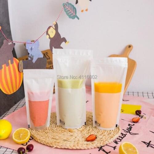 Thick Stand Up Plastic Drink Packaging Bag Pouch for Beverage Juice Milk Coffee, High Grade Half Matte Half Clear Design