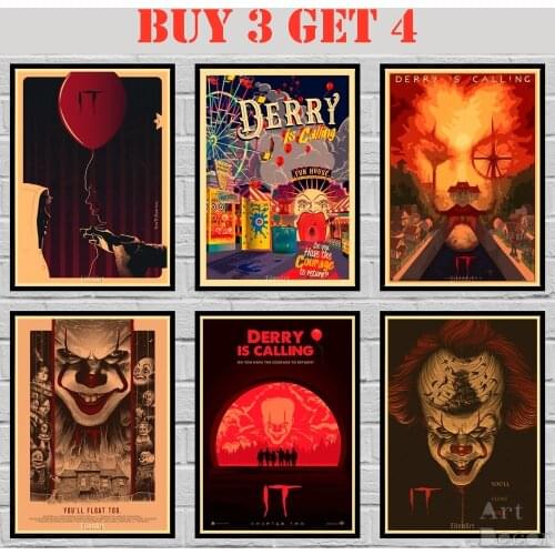 36 Designs Horror Film Kraft paper Poster Pennywise Clown Artwork Painting Abstract Fancy Wall Sticker 42X30cm