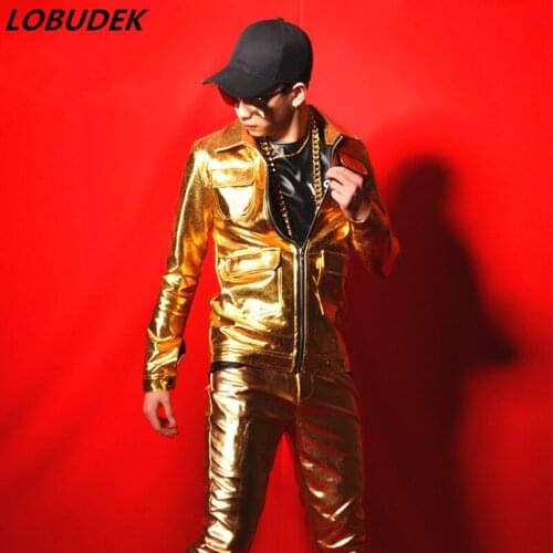 Tide Male Suit Gold PU Leather Jacket Trousers Sets Nightclub Punk Rock Men Singer Stage Outfit Bar DJ Cool Performance Costume