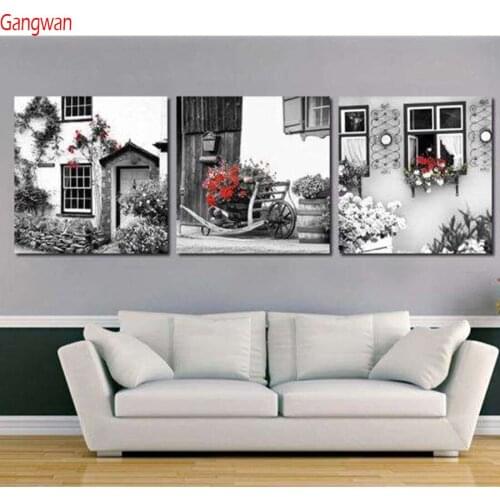 Diy diamond painting Cross stitch Window flower landscape 3pcs Handicraft 5d cube drill Diamond Embroidery black white art decor