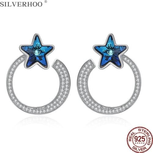 SILVERHOO S925 Sterling Silver Earrings For Women Round Shining Star Crystal Stud Earrings Austria Blue Crystal For Party Girls