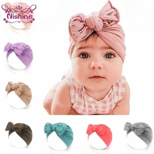 Nishine Newborn Infant Toddler Folds Knot Bow Turban Hat Indian Baby Kids Flower Beanie Caps Headwear Hair Accessories