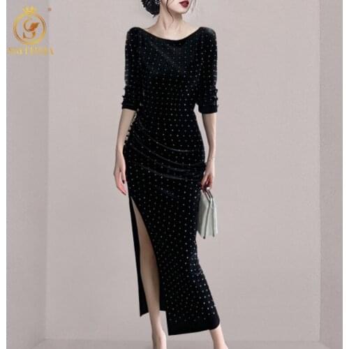 SMTHMA 2021 New Fashion Korean Light Luxury Rhinestone Design Dress Women Autumn Vintage Sexy Split Dresses Vestidos