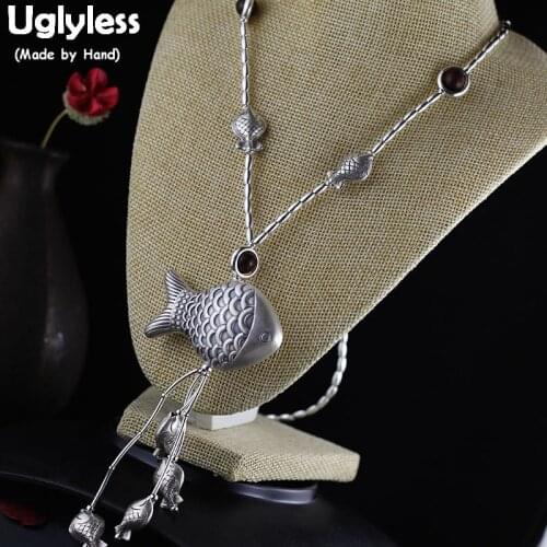 Uglyless Big Size Ethnic Silver Fish Necklaces for Women Real 925 Sterling Silver Animals Fishes Tassel Pendants +Chains C145
