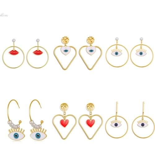 AOMU Korea New Eye Lip Earrings Metal Gold Color Heart Round Drop Dangle Earrings For Women Bohemian Fashion Pearl Jewelry