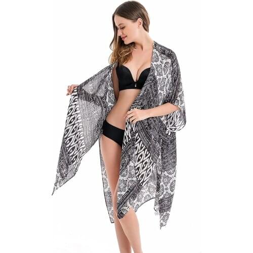 Summer New Style Seaside Vacation Womens Swimsuit Cover Ups, Bohemian Short Sleeve Open Front Semi-Sheer Split Kimono