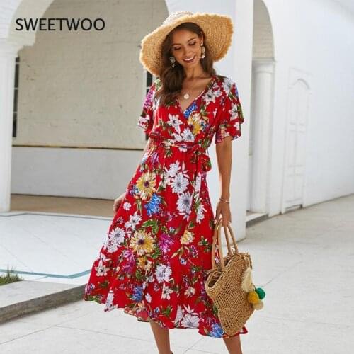 2021 New Womens Spring and Summer Temperament Casual Sexy Beach Style Bohemian Print Strappy Dress