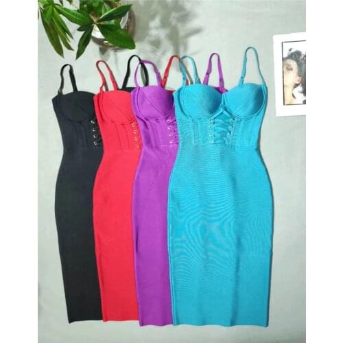 New Celebrity Womens Dresses Strap Lace Up Solid Knee Length 4 Color Bandage Dress Night Party Dress Vestido