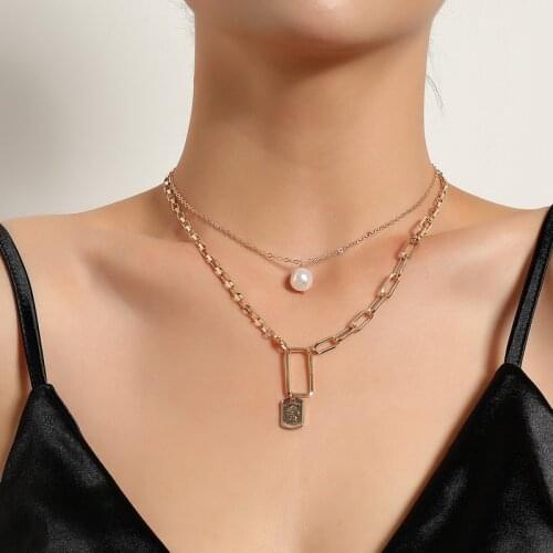 Vintage Elegant Imitation Pearl Geometric Square Pendant Necklaces for Women Double Layers Sweater Chains Necklace Jewelry Gift