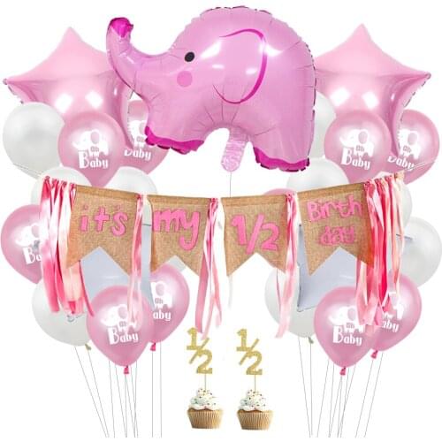1/2 Birthday Girl Pink Half 6 Months Birthday Decorations Cartoon Elephant Balloons Half Year Burlap Pennant Banner Cake Topper