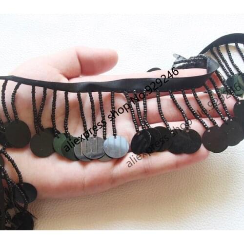 1 yard/lot black beads round sequins beaded lace with 4.3cm fringe tassel trimmings fashion garment shoes dress hair decoration