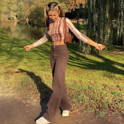 2021 Women Solid Casual Straight Pants Vintage Streetwear High Waist Ladies Loose Trousers Harajuku Slim Brown Wide Leg Jeans