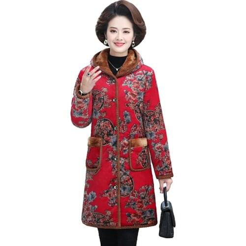 2021 Middle-aged and Elderly Womens Coat Cotton Padded Winter Jackets Single-breasted Hooded Plush Thick Warm Overcoat Parkas