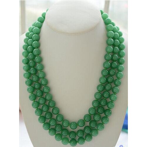 3row 17-19" 10mm round green natural stone bead necklace