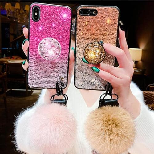 Gradient Bling Glitter Coque For Samsung A10 A20A50 A70 A40 M20 M30 J6Plus S20 Plus DIY crystal holder+Fur Ball+Strap Phone case