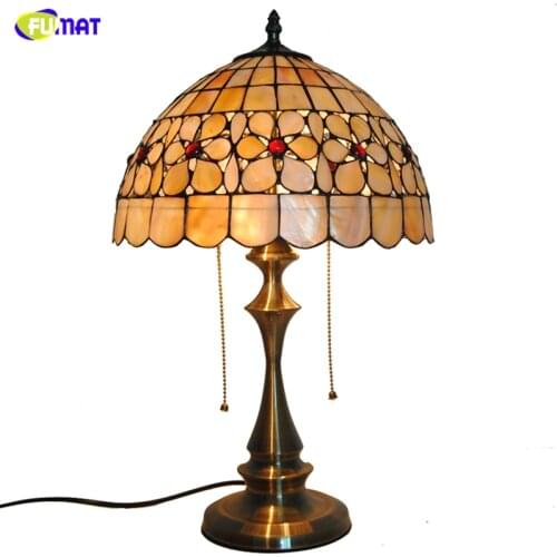 FUMAT 12" Natural Shell Red Flowers Lampshade Table Lamps Tiffany Stained Glass Table Lights For BAR Living room Bed Room Light