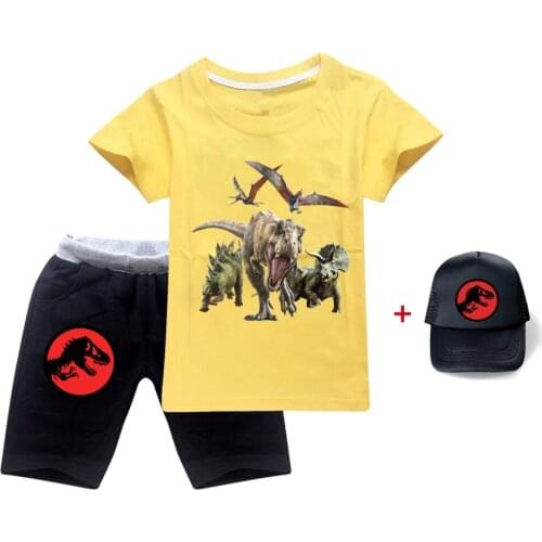 Dinosaur costume Kids Summer T-shirt +shorts 3pcs Sets Sports Children Suits Boys girls Suit Fashion Childrens Clothes +Sun hat