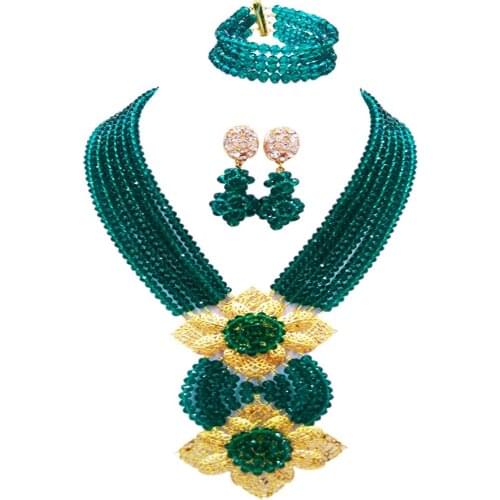 Pretty Teal Green Army Green Nigerian Wedding African Beads Jewelry Set Crystal 6HLK01