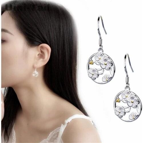 Uini-Tail hot 925 sterling silver literary fresh circle cherry ear hook spring gold and silver color flower earrings creative