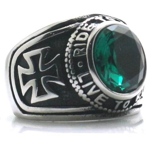 Newest Unisex 316L Stainless Steel Cool Cross Ride To Live, Live To Ride Green Stone Rider Classic Ring